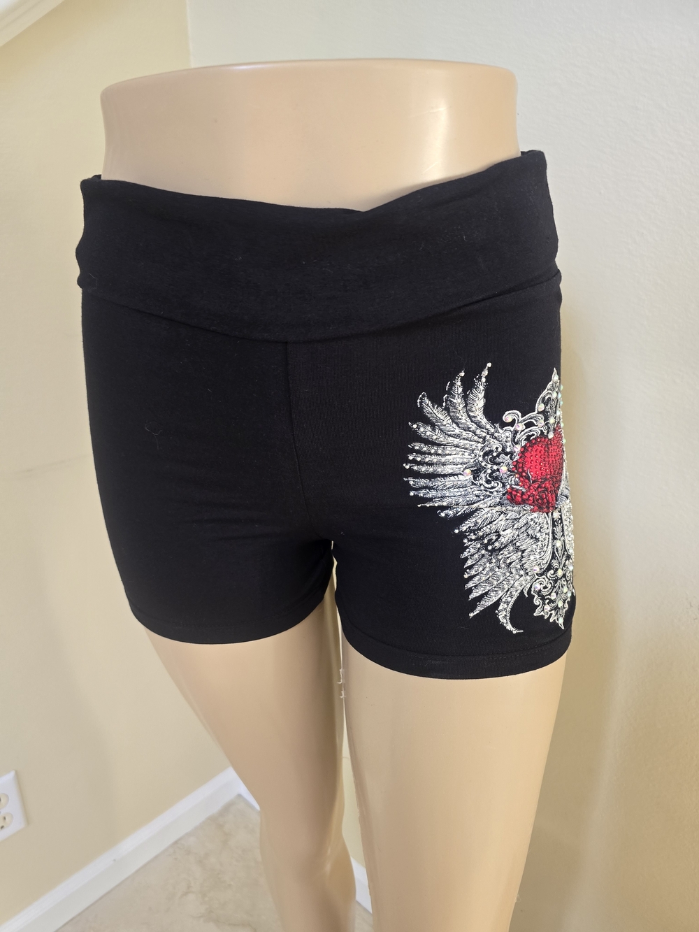 Women's Black Stretch Shorts with Embellished Red Heart